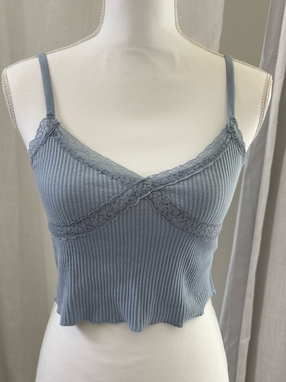 Cotton On Ribbed Lace Trim Cropped Cami - Dusty Blue